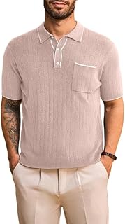 Men's Knit Polo Shirt Short Sleeve Collar Button Up Classic Fit Work Polo Golf T Shirts Old Money,US 43(L),Apricot Pink