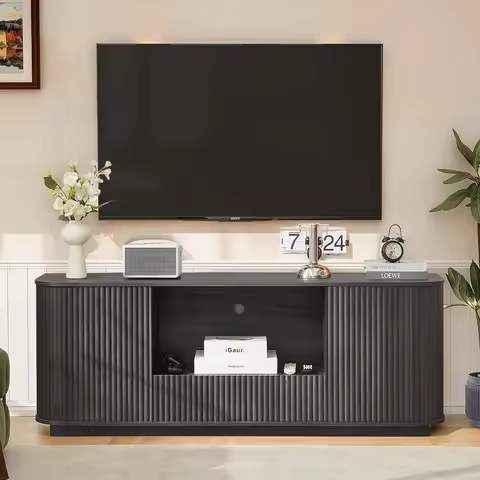 64" Fluted TV Stand for TVs up to 75 Inch, Modern Entertainment Center with Shelves, Drawer and Stor