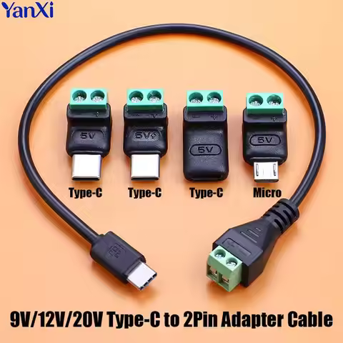 Micro USB Type C Male Female to 2Pin Screw Crimp Terminal Block Solderles Plug Connector 9V/12V/20 U