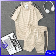 Men's Sports Set, Men's Summer Set with Striped Hem in Thick Twill Cotton - B.GG33333