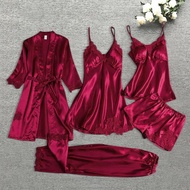 Nightwear Five-piece Pajamas Sleep Tops Robe Sets Silk Pajamas Sleep Suit Womens Lace Satin Pajamas 
