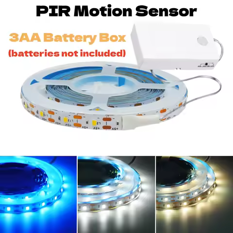 5V Motion Sensor 2835 LED Strip Light 3AA Battery Powered Blue Warm White 60LEDs/m Adhesive Tape Cab