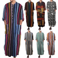 Muslim Men's Plus Size Robe New Autumn Jubah Lelaki LMiddle East Men's Long Sleeve Arab Kaftan Stripe Print Shirt