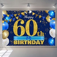 Blue Gold Happy 60th Birthday Banner Party Backdrop for Men Women 60th Birthday Party Background Ban