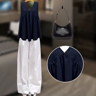 Korean comfortable and simple outfit set for women's V-neck high-end sleeveless top with pants韩系舒适简约
