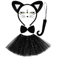5 Pcs Black Cat Costume Set Cat Ears Tail Bowtie Sequined Tutu and Cat Face Sticker for Adult Hallow