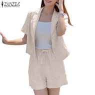 ZANZEA Women Korean Short Sleeve Blazer Elastic Waist Shorts Daily Cotton Linen Sets