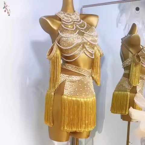 Women's High-end Customized Pearl Gold Tassel ChaCha Samba Performance Rhinestone Dress Latin Dance 