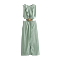 TRAFZA Women Waist Opening Design Dress Solid O Neck Sleeveless Split Dresses Slim Woman Elegant Eve