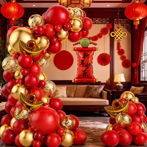 104Pcs Chinese New Year Balloon Arch Set, Happy New Year Banner Balloons, Mini Yuanbao with Red and