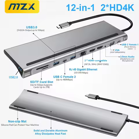 MZX 12-in-1 MST USB C Docking Station Hub Multi 3.0 CType A HDMI-Compatible DP Concentrator Extensio