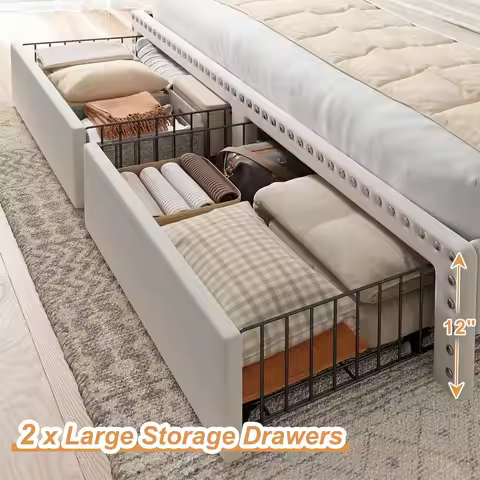 Queen Bed Frame with Headboard and Storage, Upholstered Queen Bed Frame with Storage, Queen Size Bed
