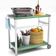 RICNOD Outdoor Dining Cart Table, Movable Aluminum Grill Table with Wheels Rustproof Weatherproof, Kitchen Cart for Backyard, Garden,Lawn, White Green