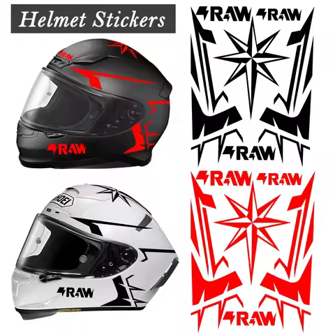 RAW Graphic Star Pattern Helmet Stickers Black-Red White-Red Waterproof Adhesive Vinyl Decals for Mo