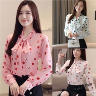 Korean Style Plus Size Shirt Lace Bow Dot Printed Long Sleeve Women Chiffon Blouse Murah Labuh Blause Wanita Baju Kemeja Perempuan
