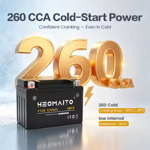 YTX9-BS 260 CCA Motorcycle Battery, 12V 9Ah Rechargeable Powersports Battery for Compatible Motorcyc