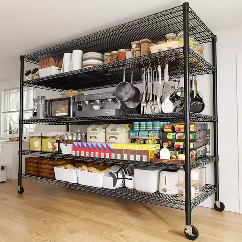 REIBII 85.7H Storage Shelves 2998LBS Metal Shelving Units with Wheels&Feet, 5 Tier Garage Shelving H