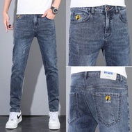 牛仔褲男款春夏彈力修身刺繡小脚褲痞帥2025款新款潮流休閒男士褲-藍灰色 28