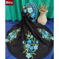 mukena terusan dewasa polino warna hitam bordir bunga susun hoya - biru