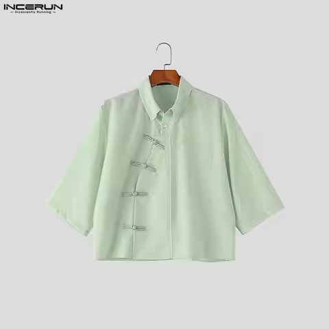 INCERUN Men's Shirt Plaid Summer Lapel Half Sleeve Loose Men Clothes Streetwear 2026 Vintage Shirts 