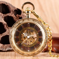 Retro Roman Numbers Gold Open Face Unisex Mechanical Hand Winding Pocket Watch FOB Chain Clock