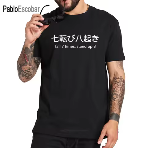 men cotton tshirt Cotton Fall 7 Times Stand Up 8 Hot Phrase Letter Print Crew Neck Fashion T-shirt
