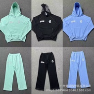 6PM Drill Embroidered Letters Hip-Hop Fleece Lining Pullover Hooded Sweatshirt Long Sweat