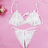 i8h4yxay32 2PCS/Set Women Sexy Lace Bra + Briefs Three-Point Open Crotch Underwear Set