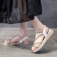 New Sandals Women 2024 Summer All-Match Fairy Style Flat Rhinestone Roman Shoes Fashion Sandals