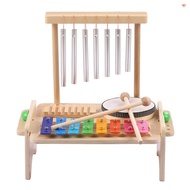 Wind Chime Combination Set Kids Drum Set Windchime Xylophone Drum Wood Guiro Scraper 4-in-1 Musical Instruments Set with 2 Mallets Natural Wooden Music Kit Birthday Gifts for Littl