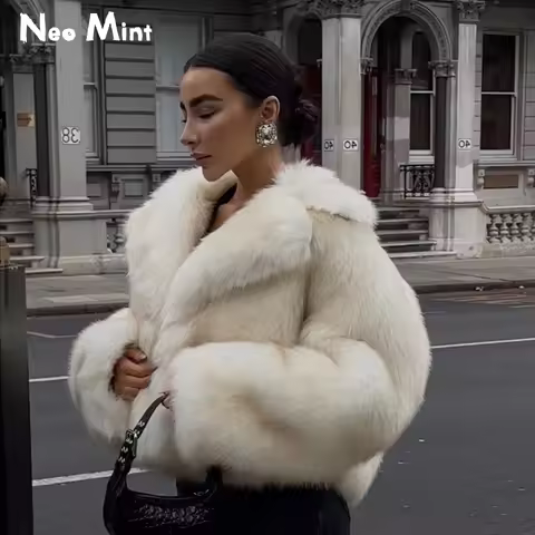 Neo Mint Luxury Brand Runway Fashion Yellow Gradient Cropped Fluffy Fur Jacket Coat Women Winter Thi