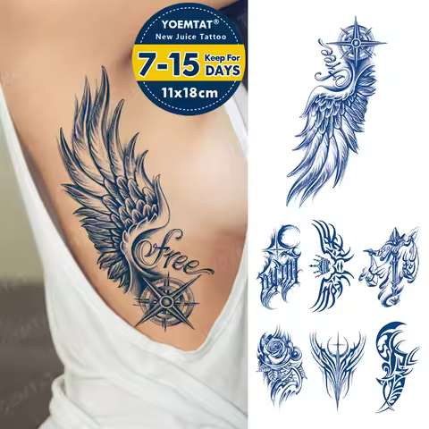 Semi-Permanent Wings Compass Text Word Waterproof Temporary Tattoo Stickers Juice Lasting Tattoos Bo