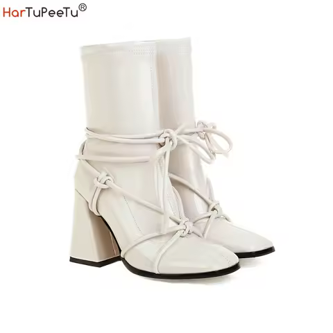 Women Ankle Boots with Chunky Heels Size 34~46 Korean Style Patlent Leather Pumbs Square Toe Elegant
