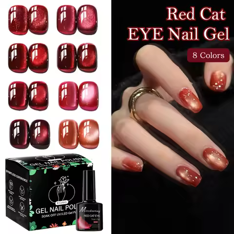 Red Cat Eye Gel Nail Polish Magnetic Glitter Holographic Red Ruby Christmas Polish Reflective Jelly 