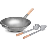 Craft Wok 14-Inch Wok with Ladle and Spatula Carbon Steel Pow Wok Utensils Set, Round Bottom 731W88+