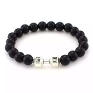 Gelang Bracelet Dumbbell Black Beads Hitam (Silver/Dark Silver)