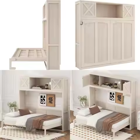 SOTSEA Queen Size Horizontal Murphy Bed with Shelves, Hidden Wall Bed e with Storage Cabi, Space Sav