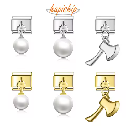 Hapiship 2025 Synthetic Pearls Axe Italian Charms Fit 9mm Stainless Steel Bracelet Women Jewelry DJ1