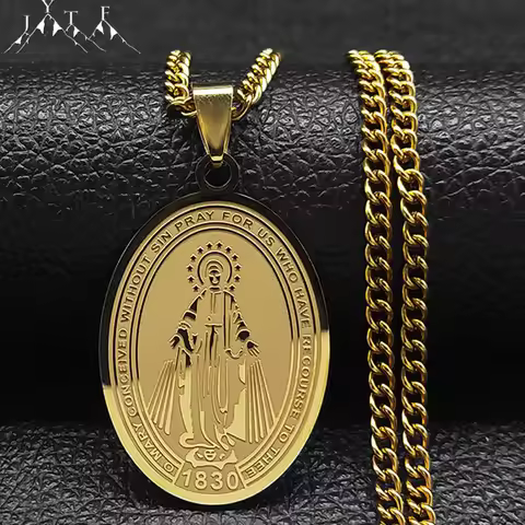 Stainless Steel Virgin Mary Oval Long Statement Necklace Women Gold Color Geometry Necklace Jewelry 