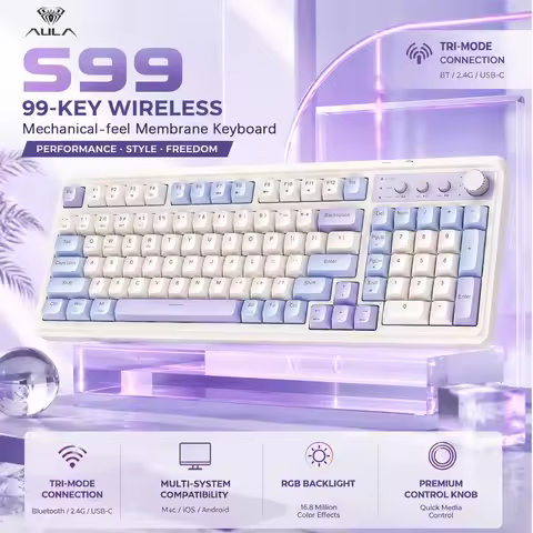 AULA S99 Tri-Mode Silent Membrane Keyboard RGB 99 Keys Bluetooth 2.4G Wired Ergonomic Gaming Keyboar