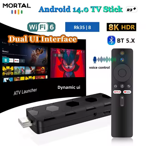 R3+ Android TV Stick 8K Video Support Dual Band WiFi6 Bluetooth5.4 Voice Remote Android 14 Netflix Y