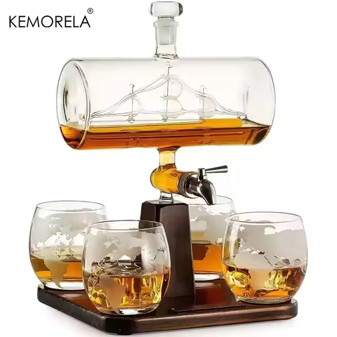 KEMORELA 1 Set Creative Antique Boat Shape Decanter Red Wine Whiskey Glass Decanter 1 Bracket 1 Deca