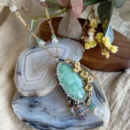 異極礦 玻璃米珠x天然石 串珠吊墜 配寶石鏈