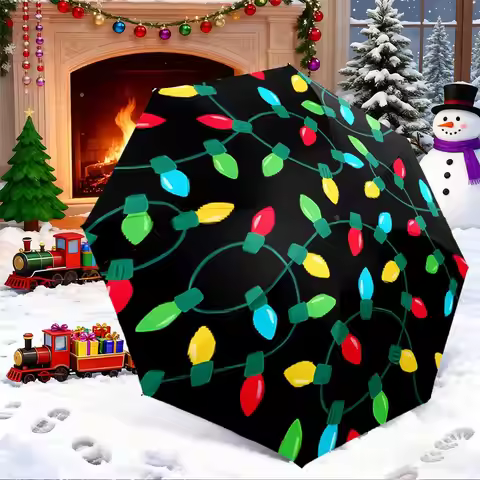 Open/Close Portable Folding Umbrella with Christmas Lights, Snowman, Tree & Train Design - 8-Rib Com