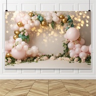 Neutral Balloon Arch Backdrop Pink Green Gold Flower Bokeh Background for Bridal Baby Shower Celebra
