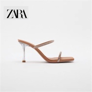 Zara Women's Shoes Transparent Heel Square Toe Draw Strap Pressed Diamond Flat Strap High Heel Sandals