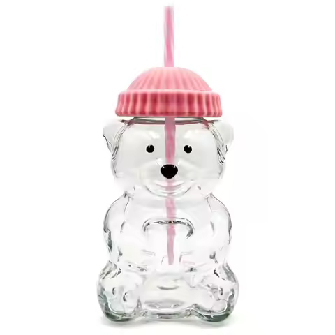 BQ-Glass Bear Cup With Straw, 500Ml Reusable Glass Tumbler Featuring Lid For Iced Coffee, Milk Tea, 