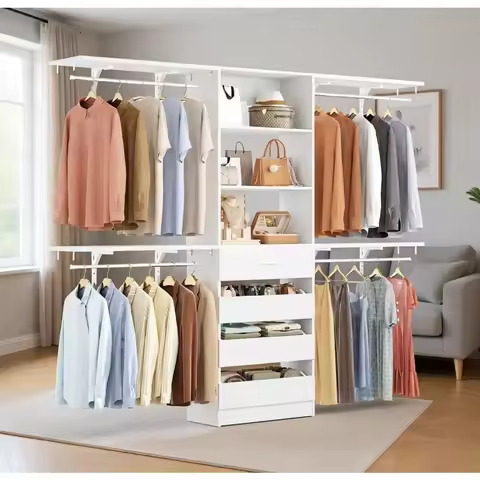 4 Drawer 8FT Wood Closet Organizer System, 96" Tower with Shelves, Walk-in Wardrobe Clothes Rack for