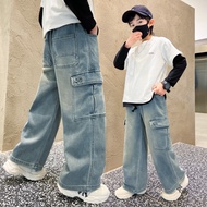 New Boys' Straight Leg Cargo Jeans Teenage Children Wide Leg Denim Pants for Kids Loose Pockets Trousers Spring Autumn 5 -15Yrs