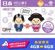日本 數據卡 8天 4G 6GB +128kbps 無限數據 上網卡 &amp; 20分鐘日本當地/香港/內地通話 SIM CARD